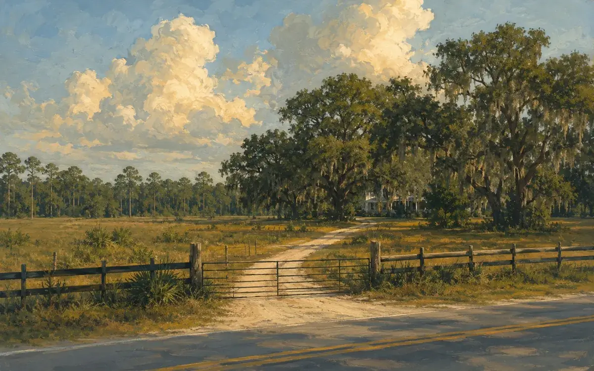 Painting of a rural road with a wooden fence and a metal farm gate, a sandy drive running back to a house under live oaks and pines